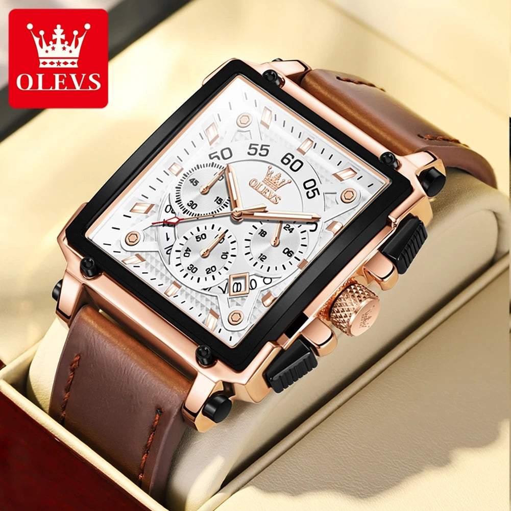 OLEVS 9919 Chronograph Multifunctional Quartz Men's Watch Leather strap 45MM Square Big Dial Leisure Sports TOP Brand Male Watch