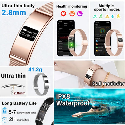 New Fashion Women Smart Bracelet IPX8 Waterproof Heart Rate Sleep Monitor Health Sports Fitness Tracker Call Reminder Smartwatch