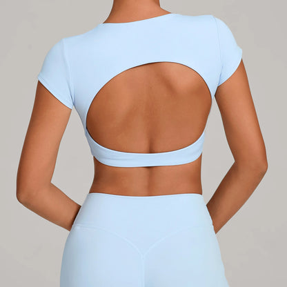 Hollow Backless Short Sleeve Sporty Slim T-shirt Women Crop Top Breathable Quick Dry Gym Workout Top Sport Shirt Fitness Clothes