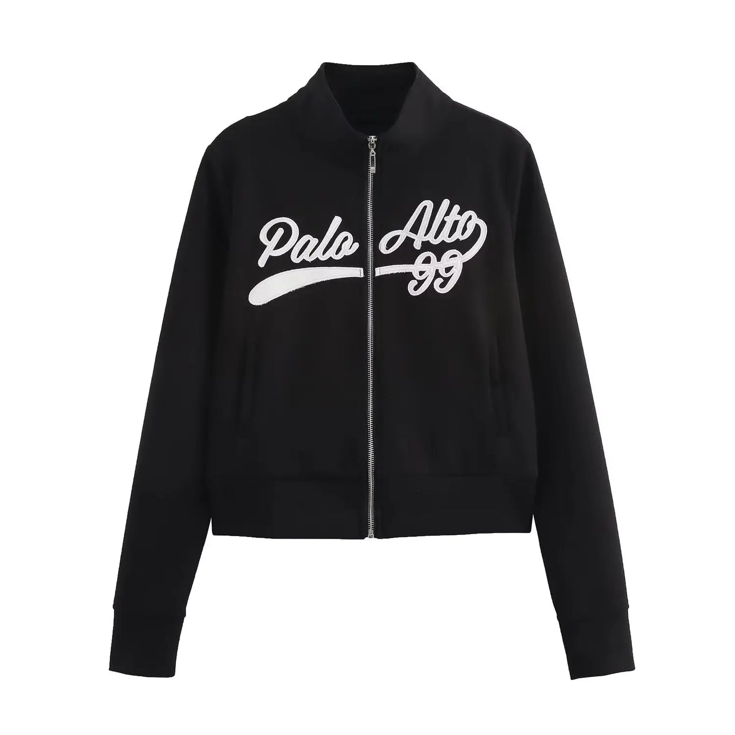 Relaxation Casual Women's Black Pants Set Embroidered Varsity Jacket Matching Varsity Flared Pants with Contrasting Side Stripes