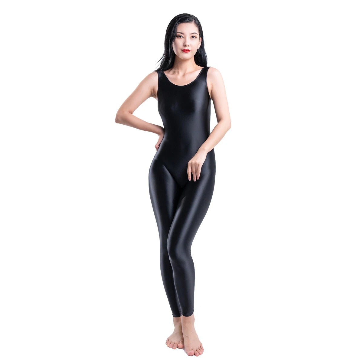 MJINM Glossy Spandex Smooth Stretch Sleeveless Bodybuilding Yoga Tight Vest Footless Leggings Jumpsuit Bodysuit Catsuit Playsuit