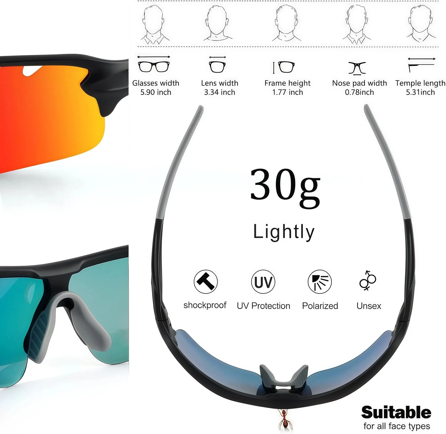Polarized Sports Sunglasses Cycling Sun Glasses for Men Women with 5 Interchangeable Lenes for Running Driving