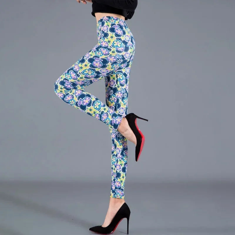 Women Floral Printed Exercise Colorful Peony Flower Female Elastic Leggins High Waist Pants Push Up Trousers Fitness Leggings