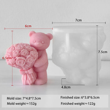 Valentine Bear Candle Mold Holding Rose Silicone Mold Romantic Gift DIY Aromatherapy Wax Plaster Resin Craft Home Decor