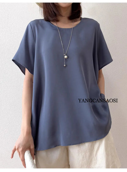 2025 Women's Casual Summer New Relaxation Style 26MM 93% Natural Mulberry Silk Elastic Wrinkled Round Neck Short Sleeve T-shirt