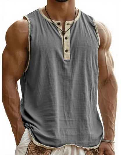 Summer 2025 Men's Fashion Cotton Sleeveless Fitness Casual Vest Color Block Trendy Button Decorated Loose Fit Sweat Wicking