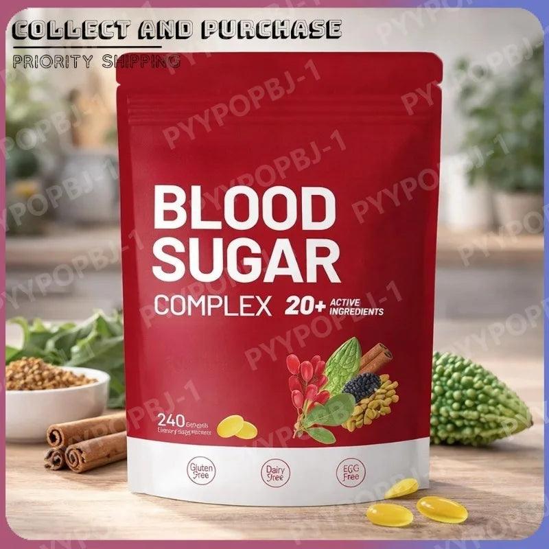 Blood Sugar Complex Supplement Advanced Formula with 20 Herbs and Vitamins Daily Health Support 240 Softgels Per Bag Vegan