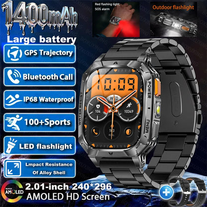 Outdoor military Smart Watch 1400mAh Battery Fitness Tracking 10ATM Waterproof Tactical Sports Flashlight Men's Phone Watches
