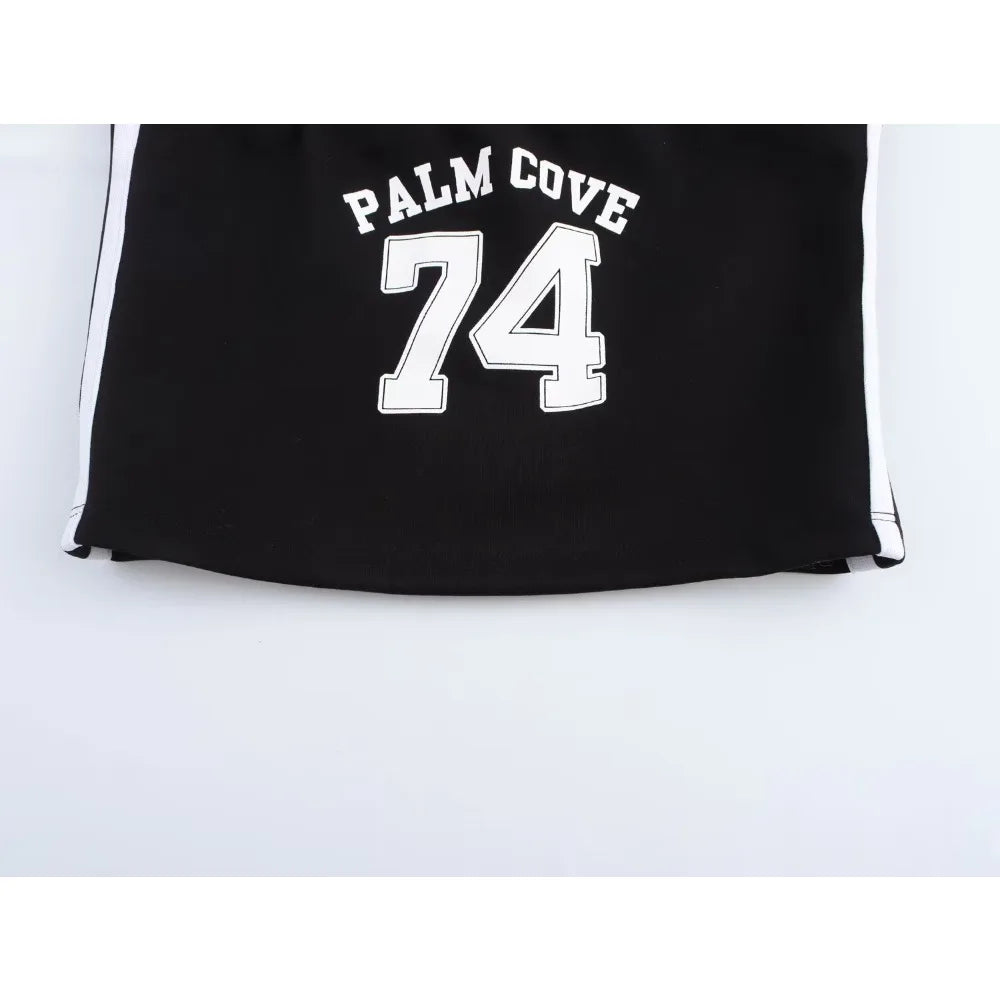 Relaxation Casual Women's Black Pants Set Embroidered Varsity Jacket Matching Varsity Flared Pants with Contrasting Side Stripes