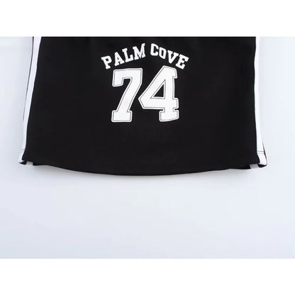 Relaxation Casual Women's Black Pants Set Embroidered Varsity Jacket Matching Varsity Flared Pants with Contrasting Side Stripes