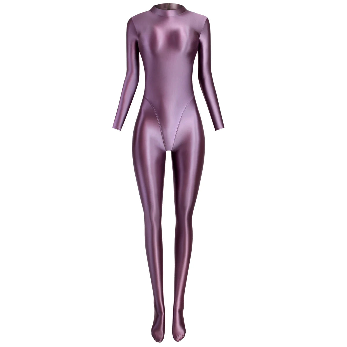 MJINM Glitter Shiny Satin High Stretch V-crotch Longsleeve Back Zipper Yoga Fitness Jumpsuit Bodysuit Playsuit Catsuit Homewear