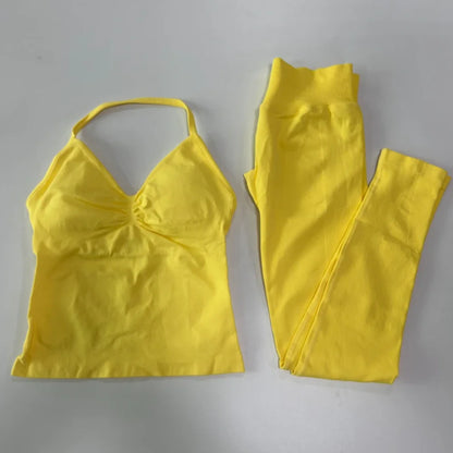 2Pcs Gym Set Women Backless Tank Tops High Waist Scrunch Seamless Shorts Gym Suit Fitness Clothes Activewear Workout Set