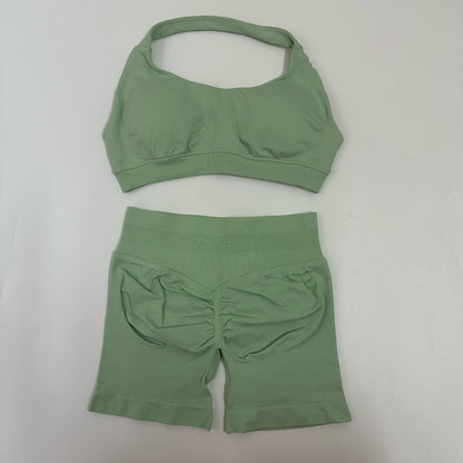 Yoga Shorts Sets Seamless Yoga Set Women 2Pcs Halter Sports Bra Scrunch Butt Gym Shorts Set Workout Clothes Summer Sportswear