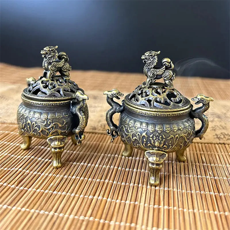 Chinese Style Auspicious Cloud Incense Burner Double Dragon Carved Censer Home Incense Holder Decoration