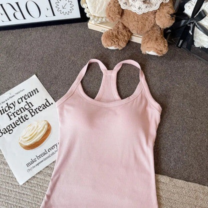 Dopamine  Sporty Fitness Women's Tank Top with Chest Pad Outdoor Style round Neck Backless Vest Casual Daily Wear