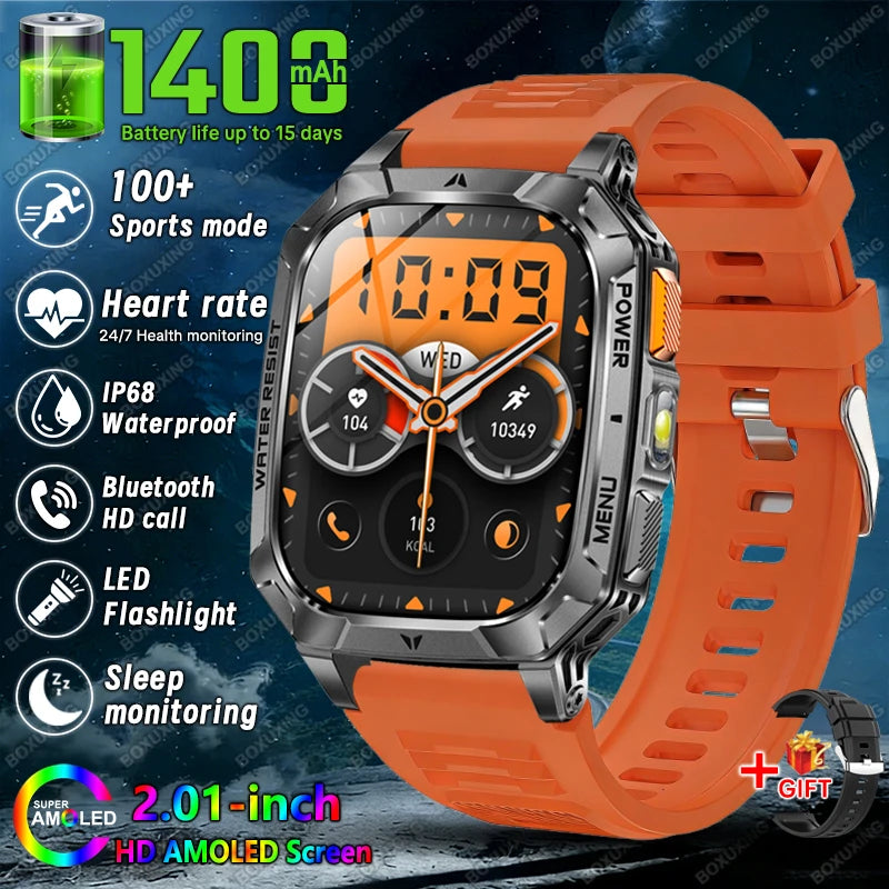 2026 New 1400 mAh Battery Military Grade Smart Watch Men IP68 Waterproof 100+ Sports Modes Bluetooth Call AMOLED HD Smartwatches
