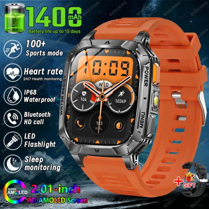 2026 New 1400 mAh Battery Military Grade Smart Watch Men IP68 Waterproof 100+ Sports Modes Bluetooth Call AMOLED HD Smartwatches