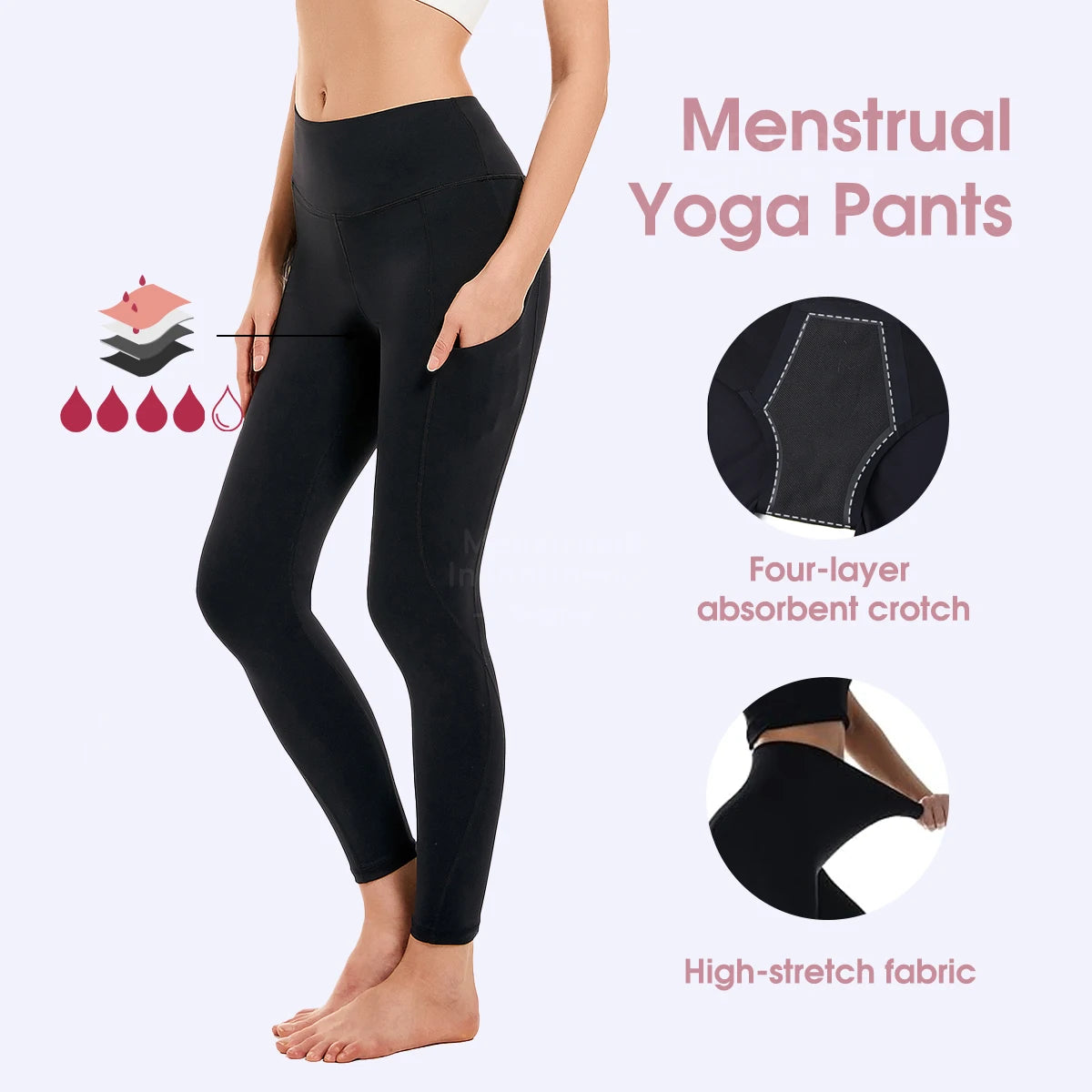 Women Period Yoga Pants with Pockets High Waist Leakproof Elastic Soft Menstrual Leggings for Workout Running Yoga