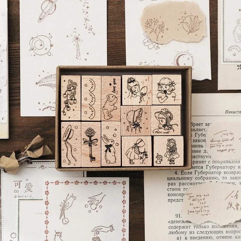 Cute Flower Week Day Moon Stamps For Scrapbooking DIY Journaling Card Deco Craft Supplies Hobby Girl Seal Wooden Stamping
