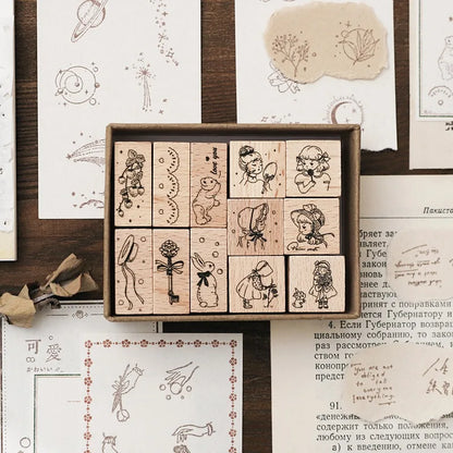 Cute Flower Week Day Moon Stamps For Scrapbooking DIY Journaling Card Deco Craft Supplies Hobby Girl Seal Wooden Stamping
