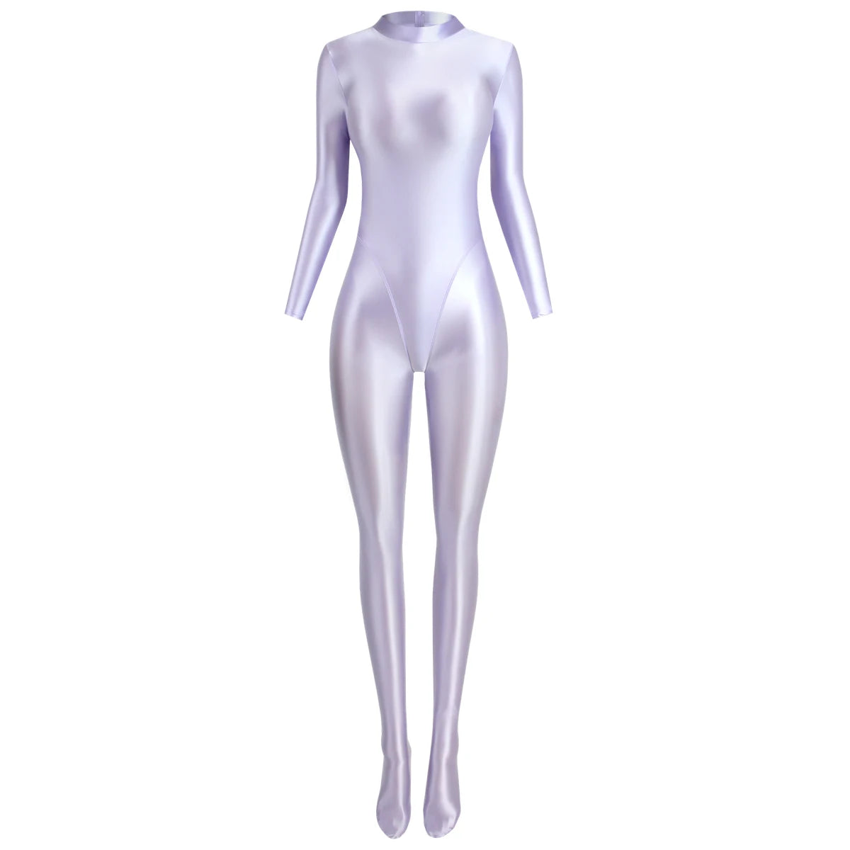 MJINM Glitter Shiny Satin High Stretch V-crotch Longsleeve Back Zipper Yoga Fitness Jumpsuit Bodysuit Playsuit Catsuit Homewear