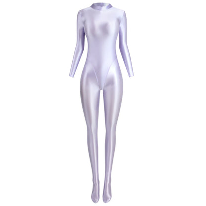 MJINM Glitter Shiny Satin High Stretch V-crotch Longsleeve Back Zipper Yoga Fitness Jumpsuit Bodysuit Playsuit Catsuit Homewear