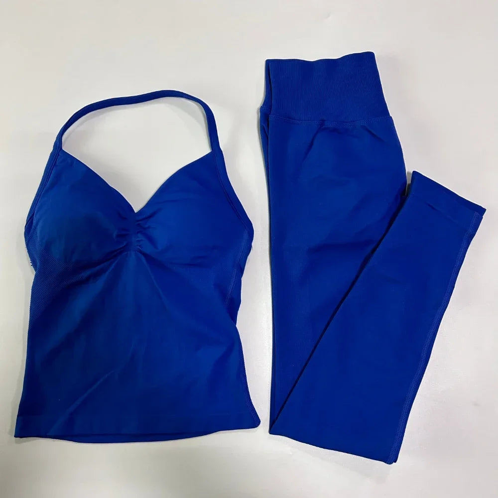 2Pcs Gym Set Women Backless Tank Tops High Waist Scrunch Seamless Shorts Gym Suit Fitness Clothes Activewear Workout Set