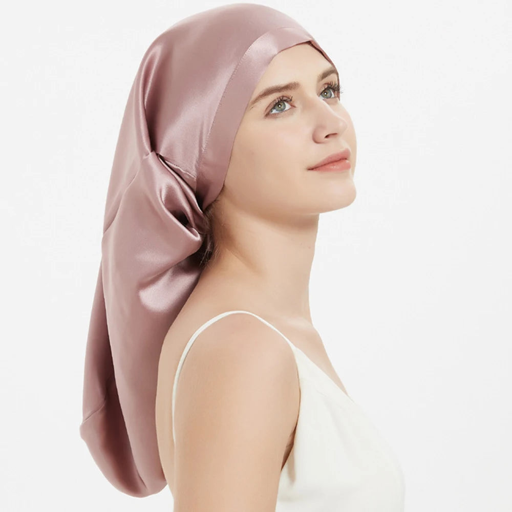 100% Mulberry Silk Sleeping Cap Long Hair Night Silk Sleep Bonnet Cover for Women for Hair Care 60*33CM