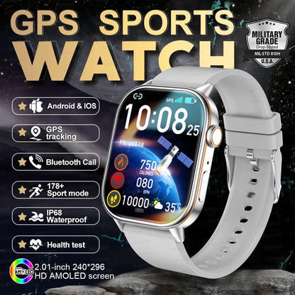 2025 New Outdoor Military GPS Smart Watch 2.01-inch AMOLED Screen BT Call 178+ Sport Mode IP68 Waterproof Smartwatches Man Women