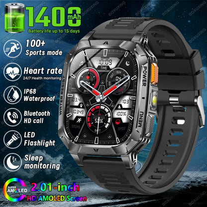 2026 New 1400 mAh Battery Military Grade Smart Watch Men IP68 Waterproof 100+ Sports Modes Bluetooth Call AMOLED HD Smartwatches