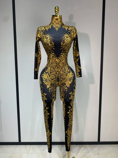 Sparkly Rhinestones Jumpsuit Fashion Sexy Stretch Dance Costume Nightclub Bodysuit Birthday Outfit Evening Party Leggings