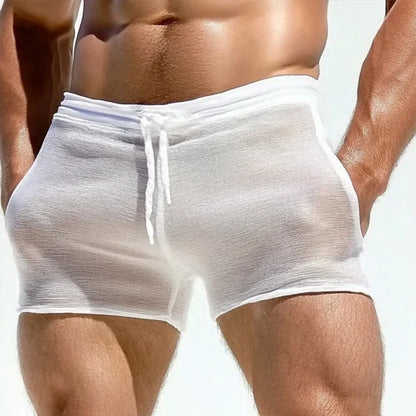 Sexy See Through Slim Shorts Men Seaside Beach Casual Solid Color Breathable Shorts Summer Men Leisure Sleepwear Fitness Shorts