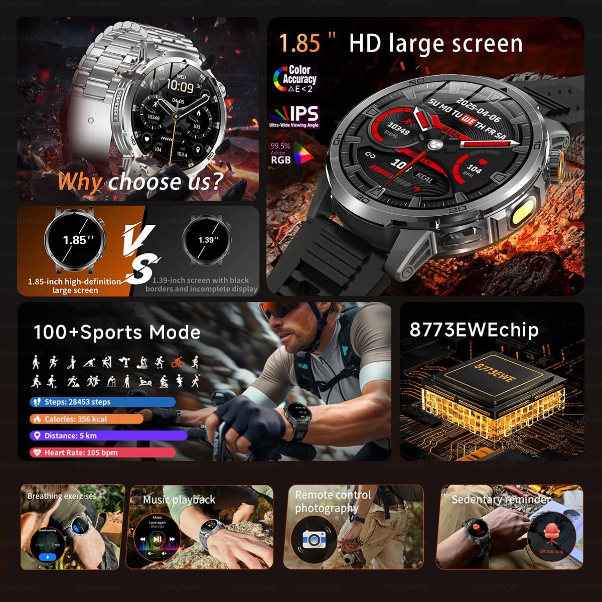 2026 New  Outdoor Adventure 1000mAh Large Battery  1.85"Smart Watch 10ATM Waterproof Voice Call Sports Men GPS Fitness Bracelet