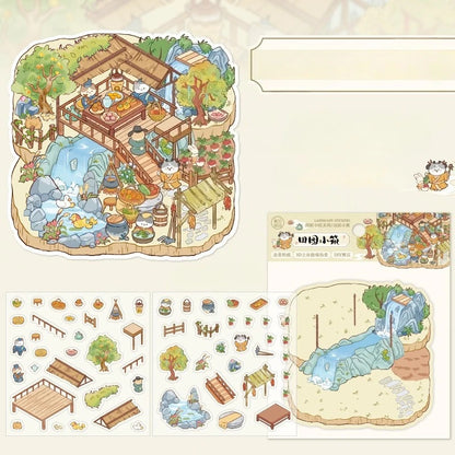 Rertro Cute Cartoon Chinese Courtyard 3D Sticker Set DIY Garden Miniature Diorama Decals Landscape Stickers for Journaling
