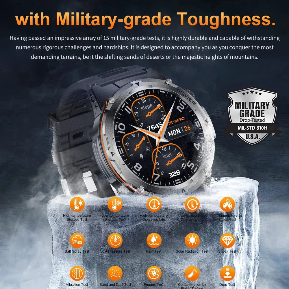 2024 New Military Smartwatch IP68 Waterproof outdoor Sports Fitness tracker health monitor BT call 365nm UV+ infrared