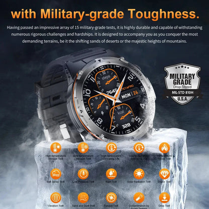 2024 New Military Smartwatch IP68 Waterproof outdoor Sports Fitness tracker health monitor BT call 365nm UV+ infrared