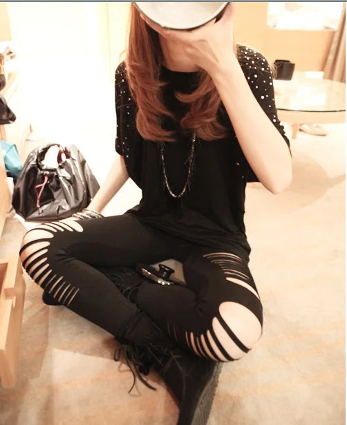 2025 Sexy Leggings Ripped Leggins Women Low Waist Pants Hollow Out Leggings Stretch Dancing Club Street Pants