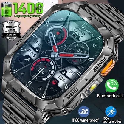 2026 New 1400 mAh Battery Military Grade Smart Watch Men IP68 Waterproof 100+ Sports Modes Bluetooth Call AMOLED HD Smartwatches