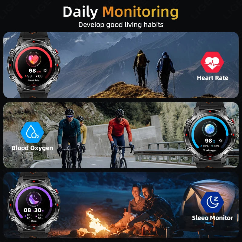 LIGE 2026 New Professional GPS Track Sports Smartwatch Outdoor RIDE Run Compass Altimeter 3ATM Fitness Bracelets 540mAh Watches