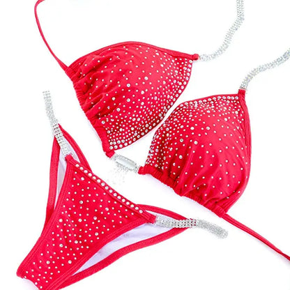 Crystal Fitness Competition Bikini Suit for Women NPC IFBB Swimwear in Blue Red Purple Yellow Colors Health-Fit Design