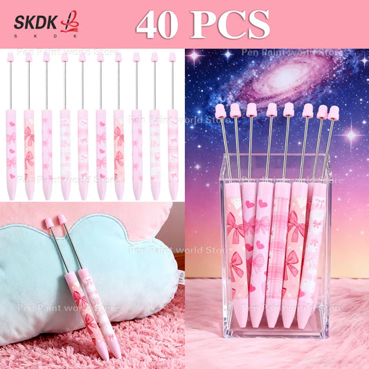 40Pcs Bowknot Pink Color Scheme | DIY Bead Ballpoint Pen for Crafting, Journaling & Party Favors