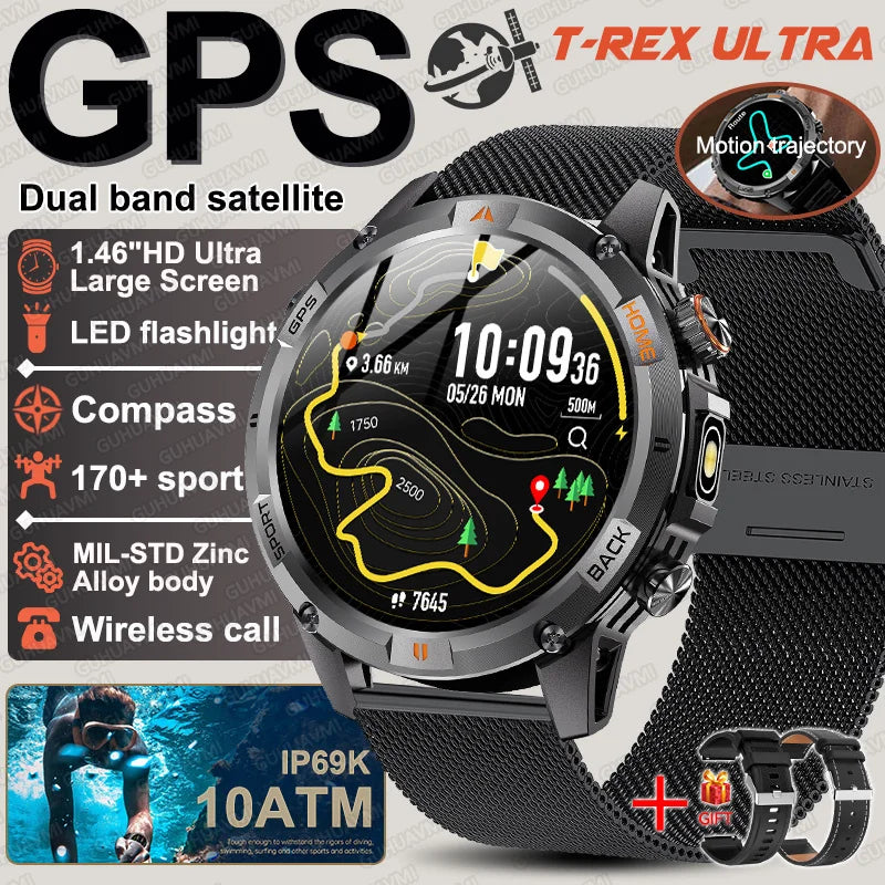 New T-Rex3 Ultra Dual band GPS Tracker Smart Watch Compass 10ATM Waterproof Sports fitness BT call Outdoors Military Smartwatch
