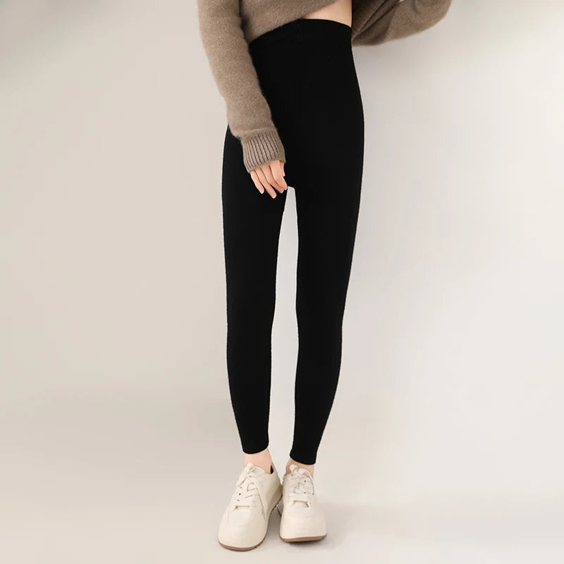 2024 new women's leggings 100% wool knitted high waisted pants, warm, soft, elastic tight pants, slim fit women's cashmere pants