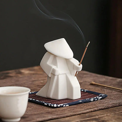 Incense Stick Burner Unique Delicate White Porcelain- Chinese Ceramic Samurai Censer Holder Home Decor Kung Fu Ceramic Sculpture