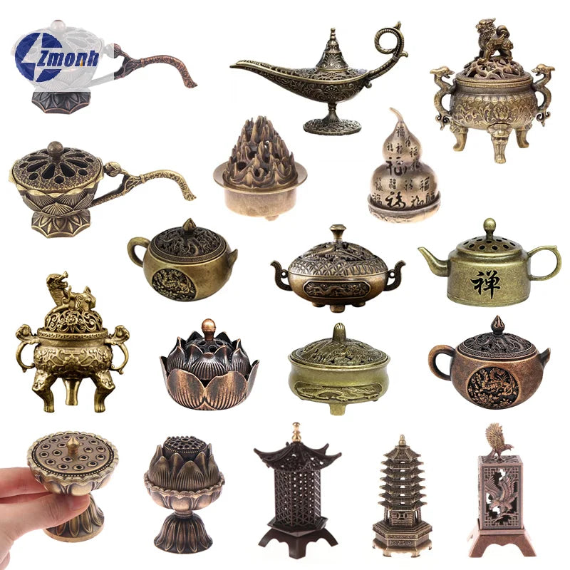 Antique Incense Burner Buddhist Hollow Incenses Holder With Cover Chinese Ancient Mini Censer Ornaments Home Office Decoration