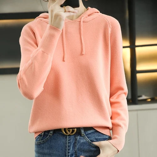 Women Sweater 2025 Autumn Winter Hooded Pullovers Long Sleeve Bottoming Shirts Loose Knitted Jumpers Solid Casual Ladies Sweater
