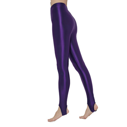 AMORESY Women Glossy Soft Smooth Breathable Satin Stretch Thin High Waist Slim Bodybuilding Yoga Sports Tights Stirrup Leggings