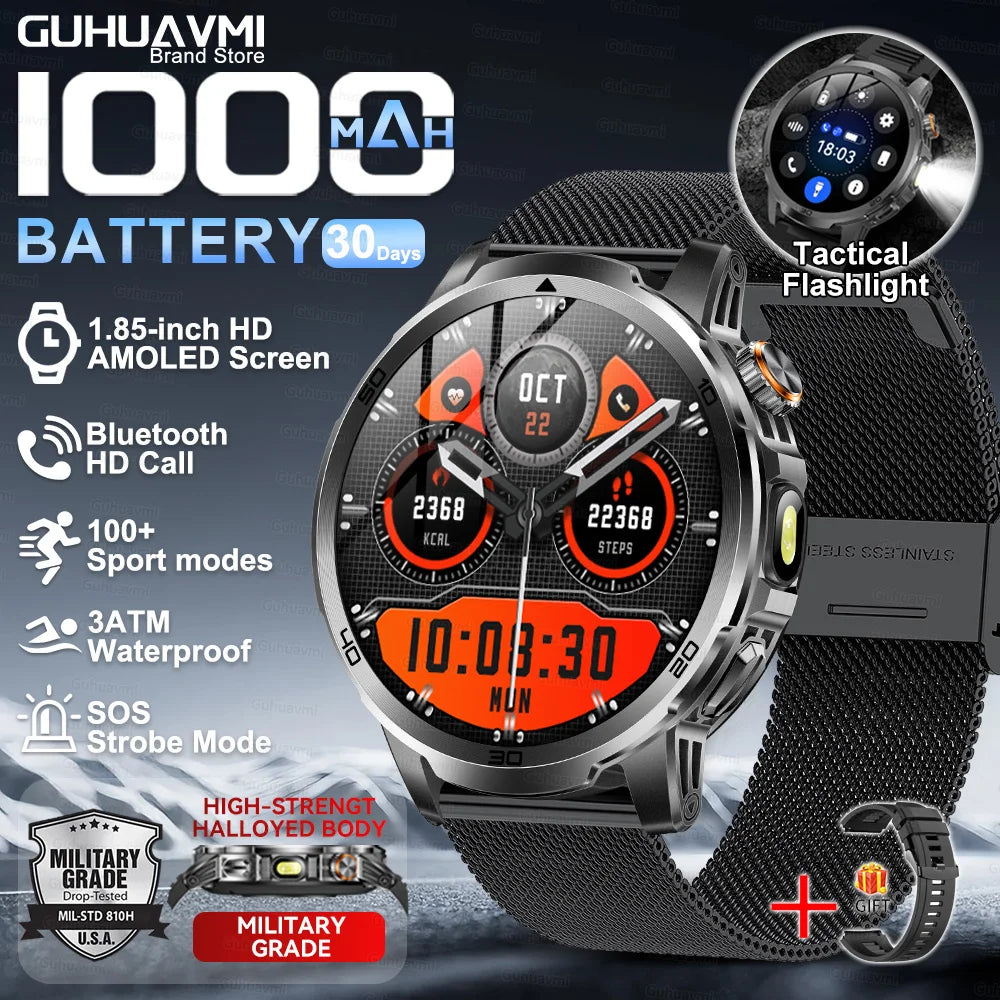 2026New Rugged Military Grade Smart Watch Men 1000mAh Large Battery Flashlight Waterproof Voice Call Sports Men Fitness Bracelet
