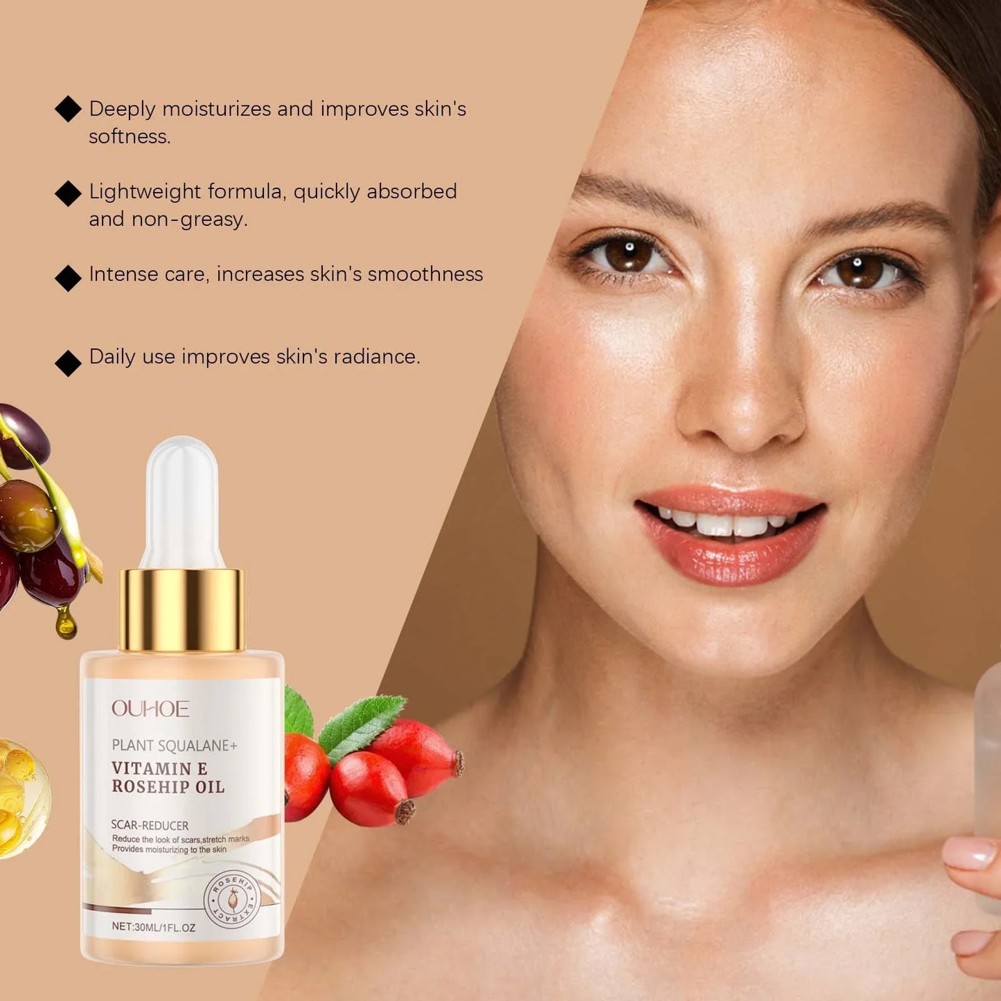 Moisturizing Squalane Rosehip Face Oil Lifting Firming Fade Fine Lines Smoothing Nourishing Skin Rejuvenation Facial Care Oil