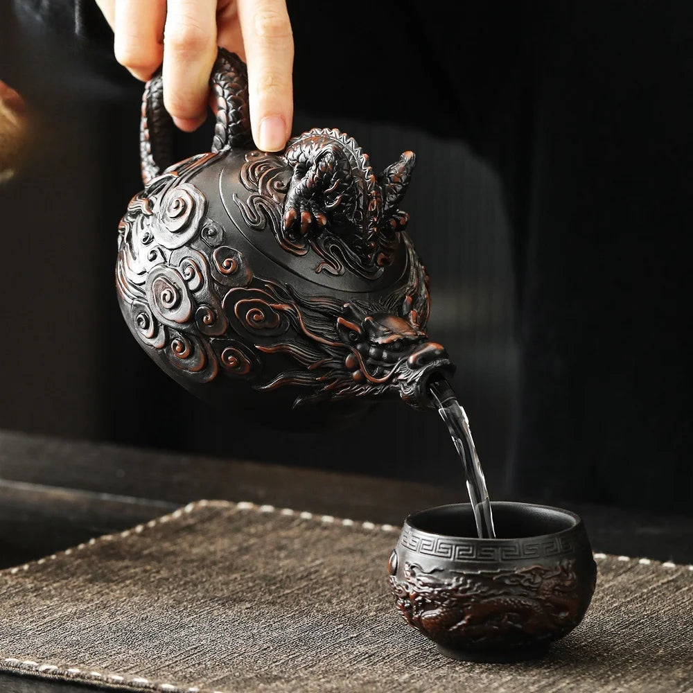 Jianshui Clay Purple Pottery Carving Dragon Teapot Hand Painted Antique Relief Teapot Household Teapot Kungfu Tea Set Kettle